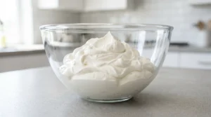 A glass mixing bowl filled with freshly whipped, thick, and stable heavy cream, forming distinct, firm peaks, sitting on a kitchen counter.
