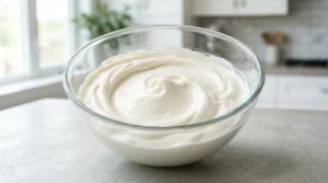 A clear glass mixing bowl on a grey kitchen counter filled with a smooth, glossy, white cream cheese and sugar mixture, ready for the next step of the cheesecake recipe.