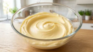 A glass mixing bowl sitting on a wooden kitchen counter, filled with smooth, pale yellow, creamed butter that has been beaten until light and fluffy.