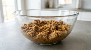 A glass mixing bowl filled with a golden-brown mixture of crushed graham crackers, butter, and sugar, achieving a texture similar to wet sand.