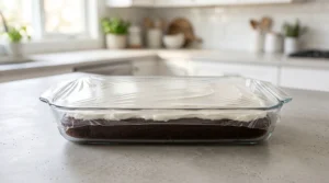 A 9x13-inch glass baking dish containing a layered cake, tightly covered with clear plastic wrap, sitting on a kitchen counter, ready for the refrigerator.