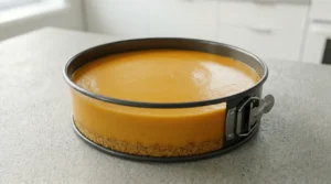 A springform pan filled with smooth, vibrant mango cheesecake batter poured over a set graham cracker crust, ready to be chilled.