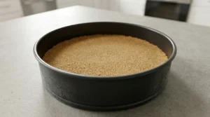 A round springform pan containing a pressed-down layer of graham cracker crumbs, ready to be chilled for a stable cheesecake foundation.