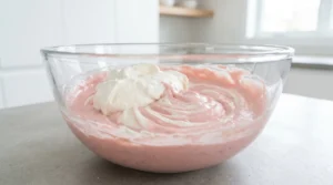 A glass mixing bowl on a kitchen counter showing a pink strawberry cream cheese mixture with a dollop of white whipped cream on top, captured mid-fold to show the gentle incorporation of ingredients.