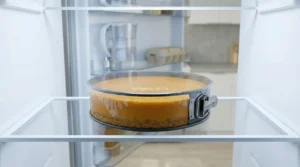 A springform pan containing a prepared mango cheesecake, covered with plastic wrap and placed on a refrigerator shelf to chill and set.