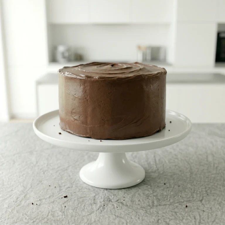 A stunning, fully frosted chocolate fudge cake sitting on a white pedestal stand, featuring a smooth, rich chocolate finish in a bright, modern kitchen setting.