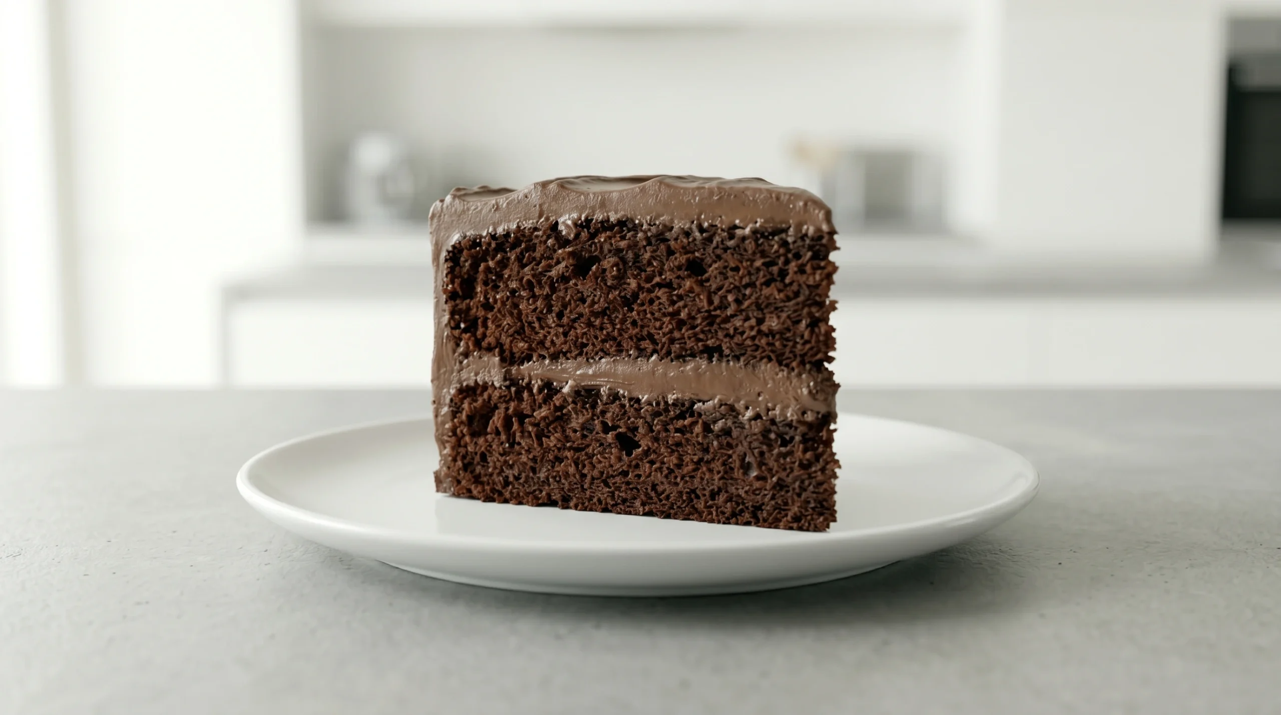 A single, beautifully plated slice of rich chocolate fudge cake, showcasing distinct moist cake layers and smooth chocolate frosting.