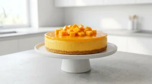 A beautifully set no-bake mango cheesecake on a white pedestal stand, finished with a vibrant mango glaze and topped with fresh, perfectly diced mango cubes.