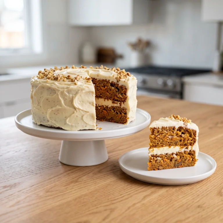 A stunning, professional-looking two-layer carrot cake sitting on a white pedestal cake stand, with a slice already served on a matching side plate. The cake is generously frosted with creamy icing and topped with crushed walnuts, captured in a bright, modern kitchen setting.