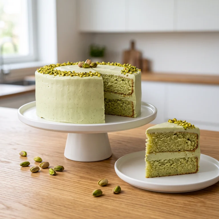 "A beautifully sliced, gourmet homemade pistachio cake on a white cake stand, featuring natural green sponge and silky pistachio cream cheese frosting, garnished with crushed nuts."