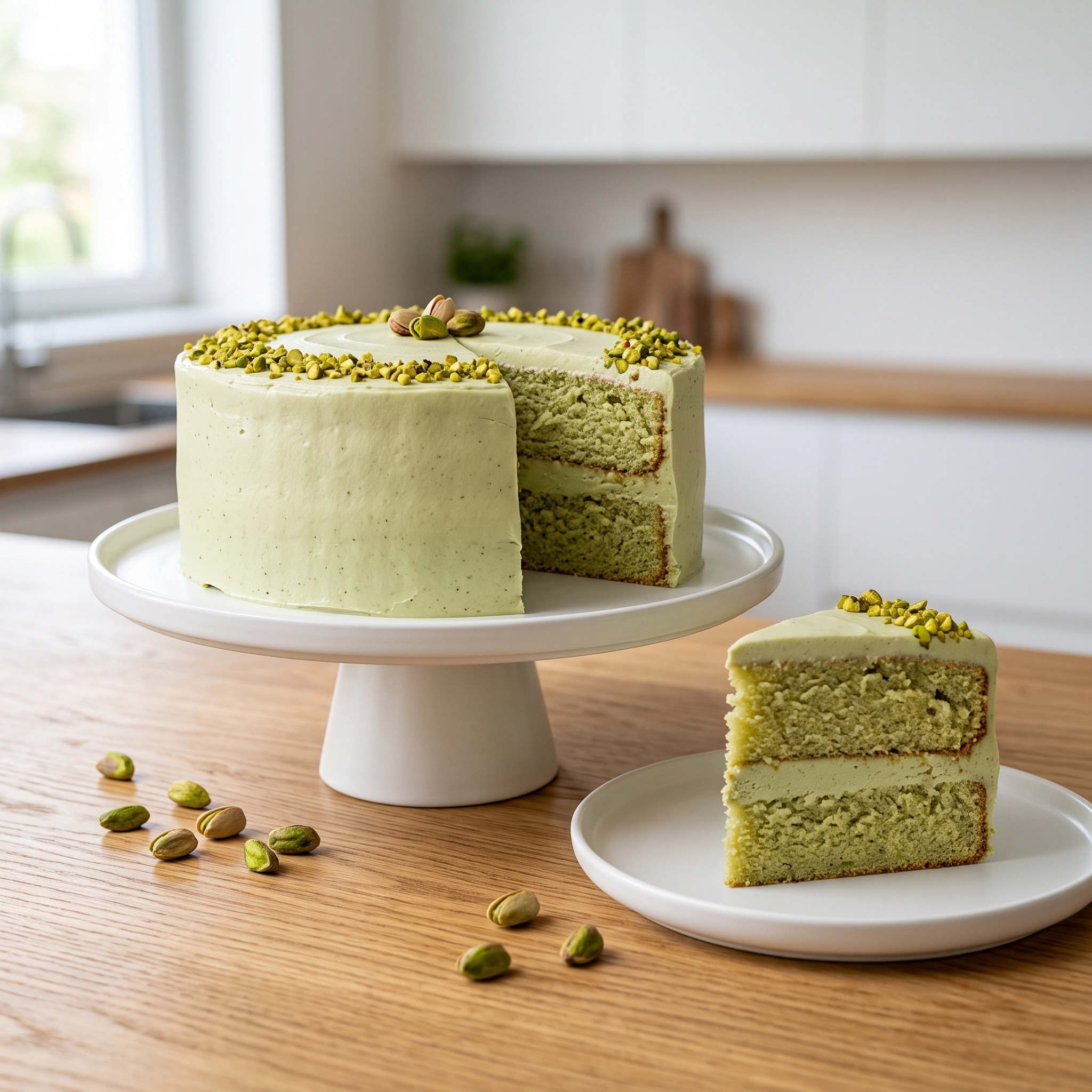 "A beautifully sliced, gourmet homemade pistachio cake on a white cake stand, featuring natural green sponge and silky pistachio cream cheese frosting, garnished with crushed nuts."