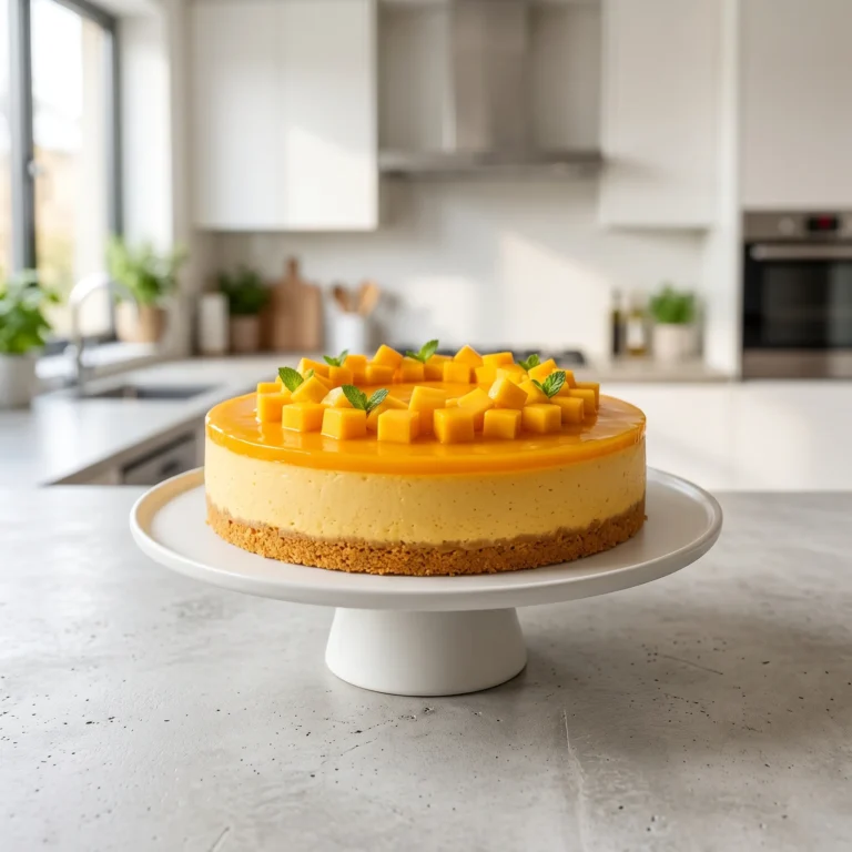 A professionally styled no-bake mango cheesecake on a white pedestal stand, topped with fresh mango cubes and mint leaves, sitting on a modern kitchen counter.