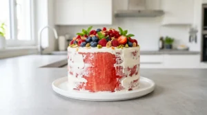 A fully assembled and decorated watermelon cake, frosted with whipped cream and topped with fresh berries, sitting on a white plate in a bright kitchen.