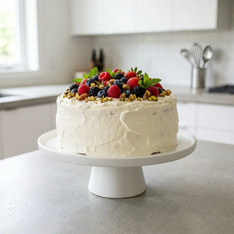 A beautiful whole watermelon "cake" on a pedestal stand, frosted with whipped cream and decorated with fresh berries, nuts, and mint leaves.