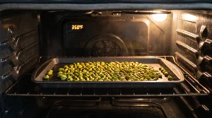 "Peeled raw pistachios spread out on a dark baking sheet, being toasted inside an oven at 350 degrees Fahrenheit."