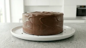 A fully frosted chocolate fudge cake on a white serving plate, featuring a beautifully textured finish covering the top and sides.