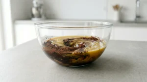 Glass bowl containing a mixture of dry ingredients and wet ingredients being stirred to incorporate hot coffee for a chocolate fudge cake recipe.