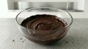 Glass bowl containing a rich, smooth chocolate frosting that has been thoroughly beaten to a perfect, creamy consistency.