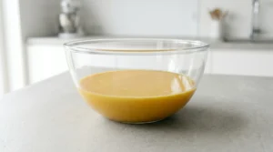 Glass bowl filled with combined wet ingredients for a chocolate cake, ready to be mixed into the dry base