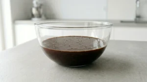 image_fb82fe.png shows a glass bowl containing the smooth, thin chocolate fudge cake batter, ready to be divided into the prepared pans.