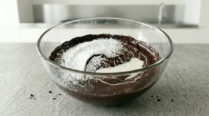 Glass bowl containing chocolate frosting base with powdered sugar and milk ready for final whipping to reach a light, fluffy texture.