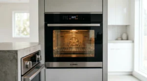Modern stainless steel oven preheated to 350°F in a clean minimalist kitchen setting.