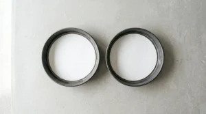 Two round cake pans lined with parchment paper prepared for baking a chocolate fudge cake.