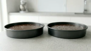 Two round cake pans filled with chocolate cake batter, sitting on a countertop ready to be placed in the oven.