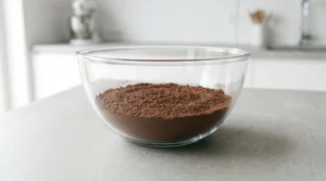Glass bowl containing a finely sifted cocoa powder base ready for mixing wet ingredients.
