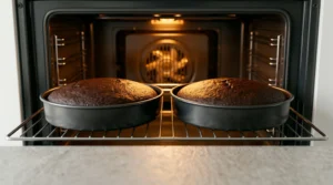 Two freshly baked chocolate cake layers inside a modern oven, ready to be removed for cooling.