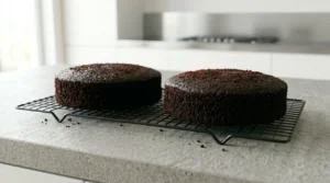 Two freshly baked chocolate cake layers cooling on a wire rack, ready for the frosting application.