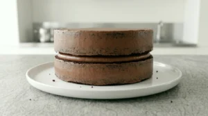 Two chocolate cake layers stacked with a thin, smooth layer of frosting applied as a crumb coat, resting on a white plate before refrigeration.