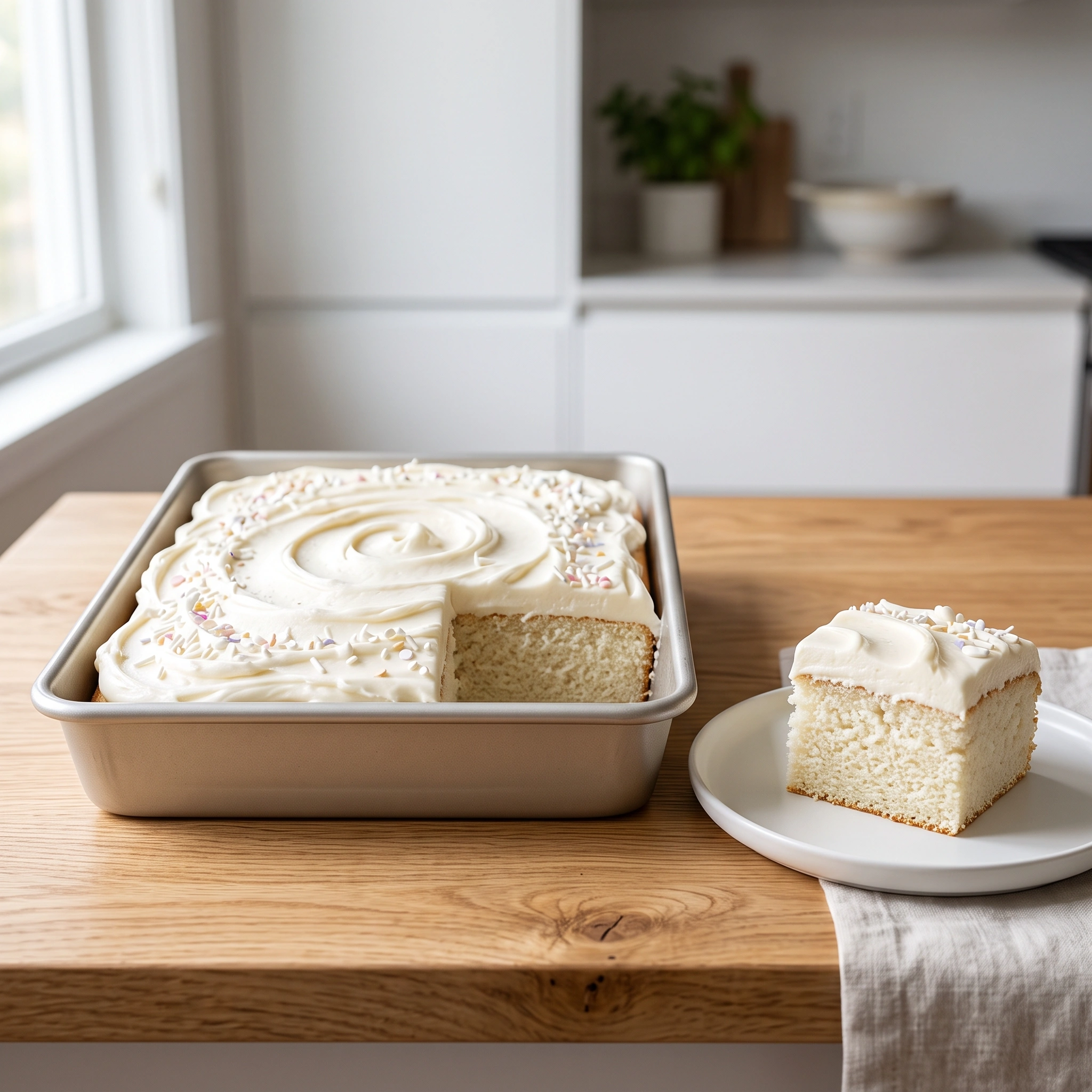 "A beautifully frosted vanilla sheet cake in a rectangular dish with one square slice served on a plate."
