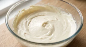 A glass mixing bowl filled with a smooth, whipped cream cheese and butter base for frosting, sitting on a wooden kitchen counter.