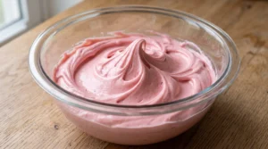 "A bowl of smooth, pink cream cheese frosting with a soft peak, resting on a light oak counter, prepared for a homemade strawberry cake."