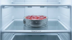 A springform pan containing a strawberry cheesecake covered with plastic wrap, sitting on a glass shelf inside a refrigerator, with a label that reads "Refrigerate: 6+ hrs".