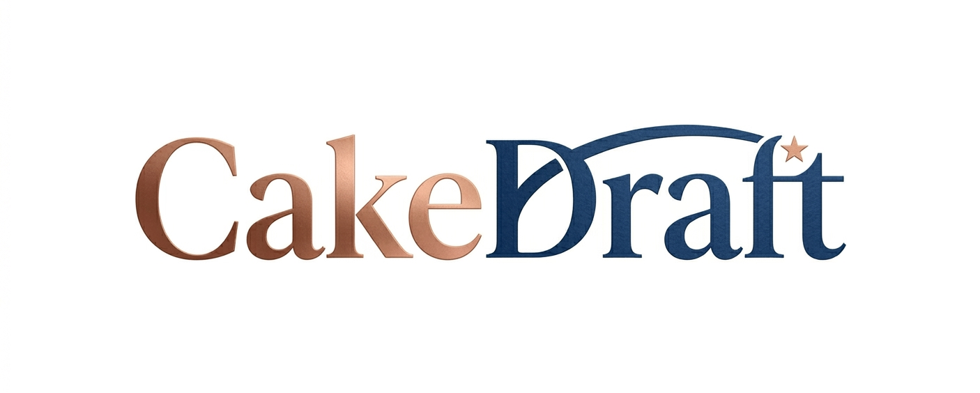 CakeDraft premium dessert brand logo featuring elegant typography in copper and navy blue colors