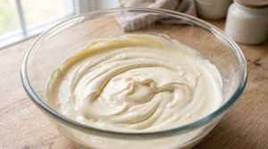 "A large glass bowl filled with a smooth, thick, and creamy mascarpone and egg yolk mixture, perfectly combined and ready for use."
