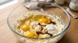 "A clear glass mixing bowl containing creamed butter, sugar, fresh eggs, vanilla extract, and sour cream, ready to be blended into a smooth cake batter."