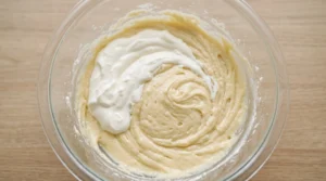 "A large glass bowl containing cake batter with a dollop of thick sour cream added, sitting on a light oak kitchen counter."