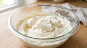 "A large glass bowl containing freshly whipped heavy cream showing soft to medium peaks, with a smooth, glossy, and airy texture."