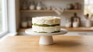"Two stacked green matcha cake layers with white frosting between them, placed on a white cake stand on a light oak wooden counter."