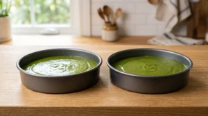 "Two round cake pans filled with vibrant green matcha cake batter, ready to be placed in the oven for baking."