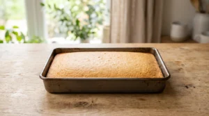 A freshly baked golden-brown Tres Leches cake in a metal baking pan on a wooden table.