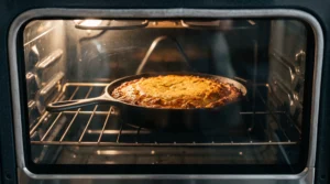 "A golden-brown pineapple upside-down cake baking inside a hot oven in a cast iron skillet."