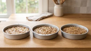 "Three round cake pans filled evenly with raw Hummingbird cake batter, ready to be placed in the oven on a wooden kitchen counter."