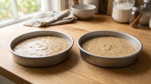 "Two round metal cake pans filled with banana cake batter, ready for the oven, resting on a light oak wooden surface."
