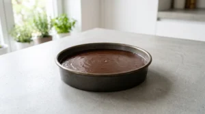 "Chocolate cake batter poured into a round cake pan, ready to be baked into a moist Chocolate Olive Oil Cake."