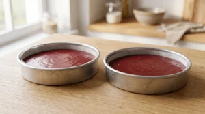 "Two round cake pans filled with vibrant red velvet cake batter, ready to be placed in the oven for baking."