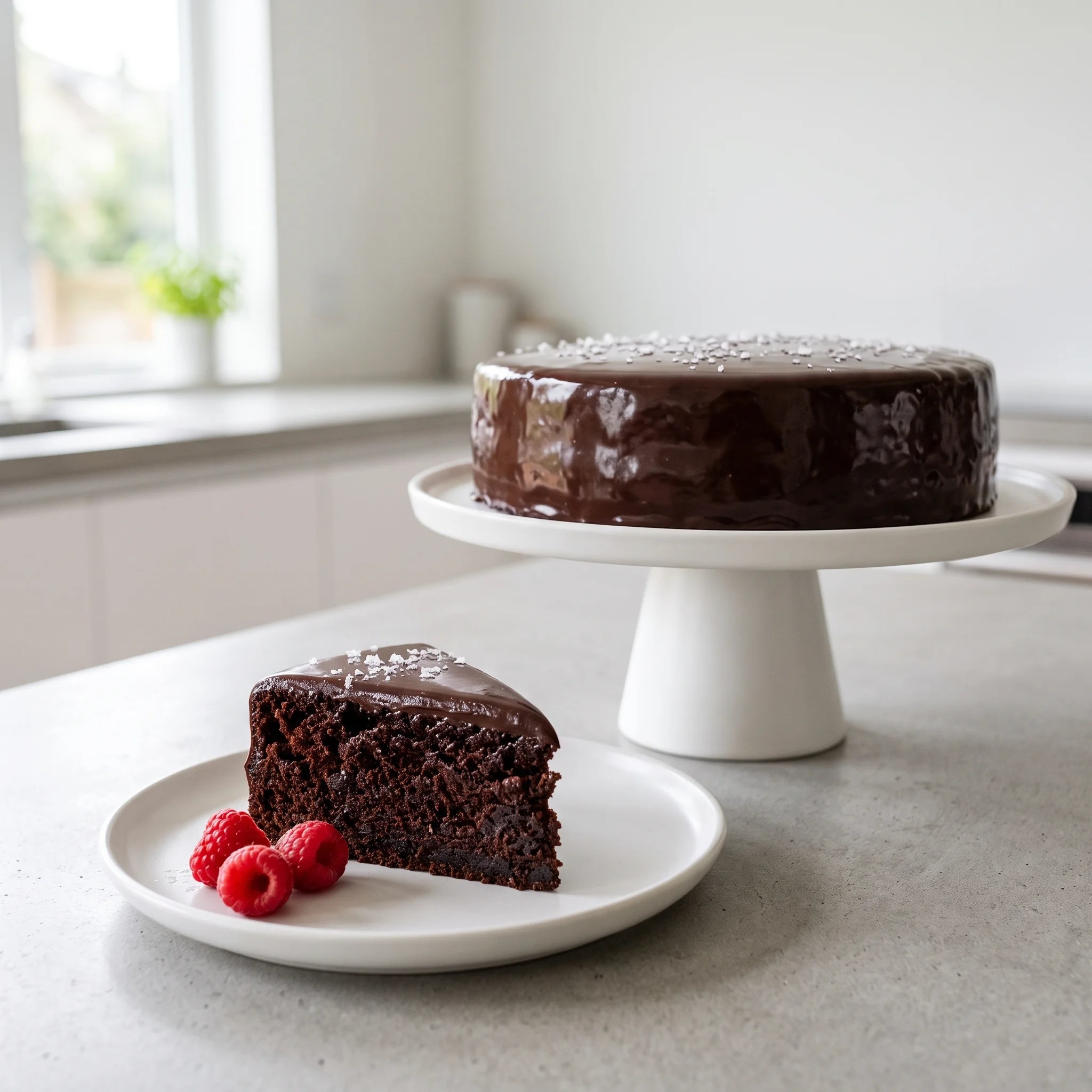 "A decadent whole chocolate cake topped with ganache and sea salt on a stand, with a single slice served on a plate with fresh raspberries."